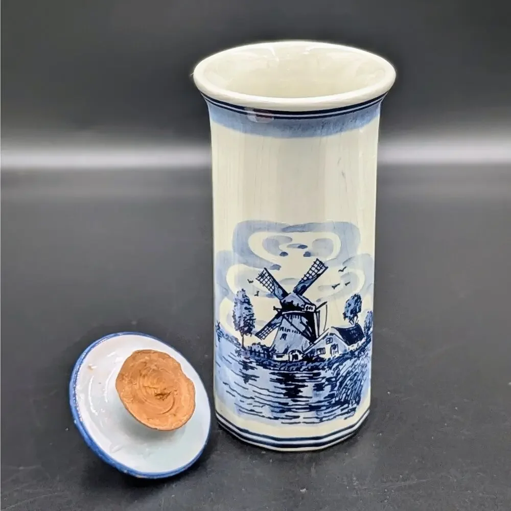 Vintage Hand Painted Delft Holland Blue White Windmill Ceramic Canister Jar
